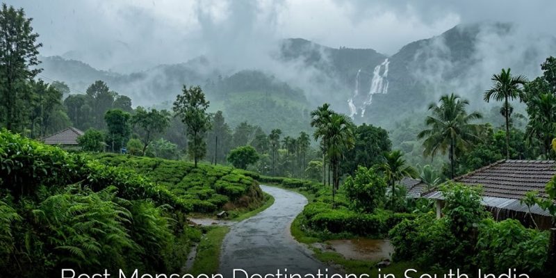 A clean, natural, high-resolution 16:9 landscape photograph of the misty, lush green hills and winding roads of the Western Ghats during the monsoon season, completely free of text overlays, infographics, and people.