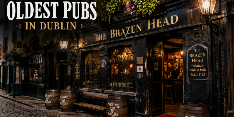 A warm, low-angle shot of a historic Dublin pub interior showcasing dark polished mahogany wood, vintage stained glass panels, and ambient gold lighting.
