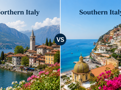 A panoramic shot displaying the stark contrast between a sleek, structured northern Italian city skyline by an alpine lake and a rustic, sun-drenched southern coastal village built on rugged sea cliffs.