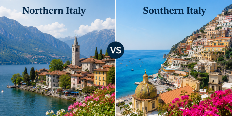 A panoramic shot displaying the stark contrast between a sleek, structured northern Italian city skyline by an alpine lake and a rustic, sun-drenched southern coastal village built on rugged sea cliffs.