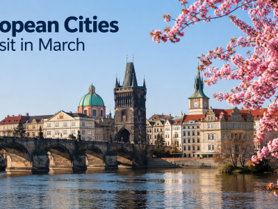 A picturesque springtime view of a European canal lined with blooming pink cherry blossom trees, charming historic brick buildings, and small boats gently floating under a stone bridge at sunset.