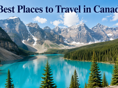 A panoramic view of the Canadian Rockies reflected in a turquoise glacial lake under a clear, bright blue sky.