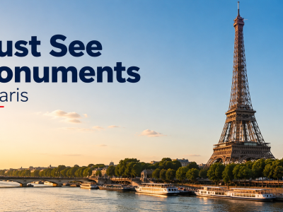 A high-angle scenic view of the Paris skyline featuring the Eiffel Tower rising prominently beside the Seine River during a warm golden sunset.