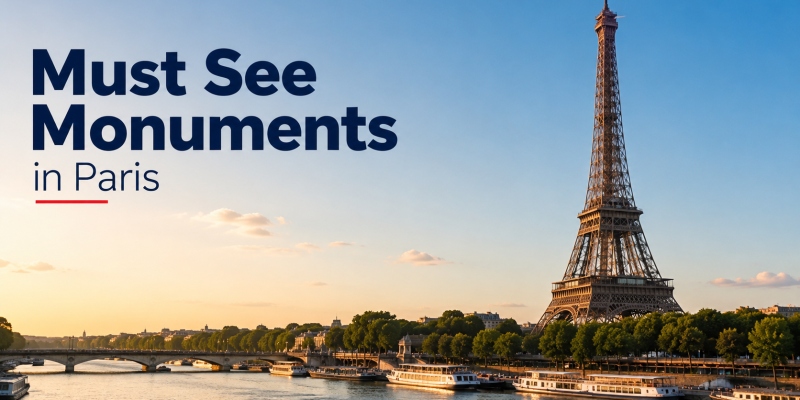 A high-angle scenic view of the Paris skyline featuring the Eiffel Tower rising prominently beside the Seine River during a warm golden sunset.