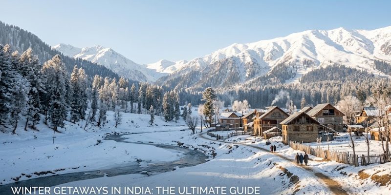 A picturesque snowy landscape of the Auli ski resort in Uttarakhand, featuring bright yellow cabins set against steep slopes and towering Himalayan peaks.