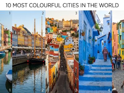 A plain dish showcasing a panoramic view of a vibrant cityscape with pastel-colored houses and terracotta rooftops.