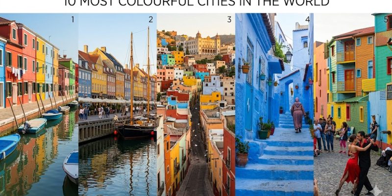 A plain dish showcasing a panoramic view of a vibrant cityscape with pastel-colored houses and terracotta rooftops.