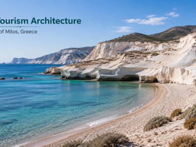 A panoramic view of the moon-like white rock formations and turquoise waters of Sarakiniko Beach.