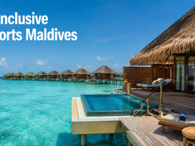 A clean, natural, high-resolution 16:9 photograph showcasing a luxury overwater family villa with a private pool and direct access to a shallow sapphire lagoon in the Maldives, completely free of text overlays, infographics, and AI-rendered people.