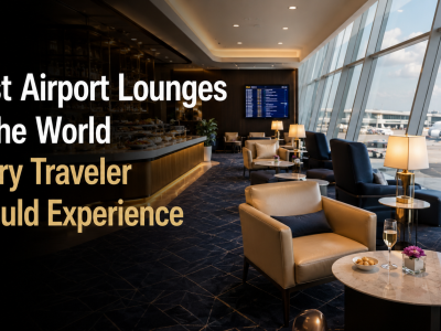 A clean, high-resolution 16:9 photograph of an elegant airport lounge featuring minimalist wooden architecture, soft ambient lighting, and panoramic runway views through floor-to-ceiling windows. No people, no infographics.