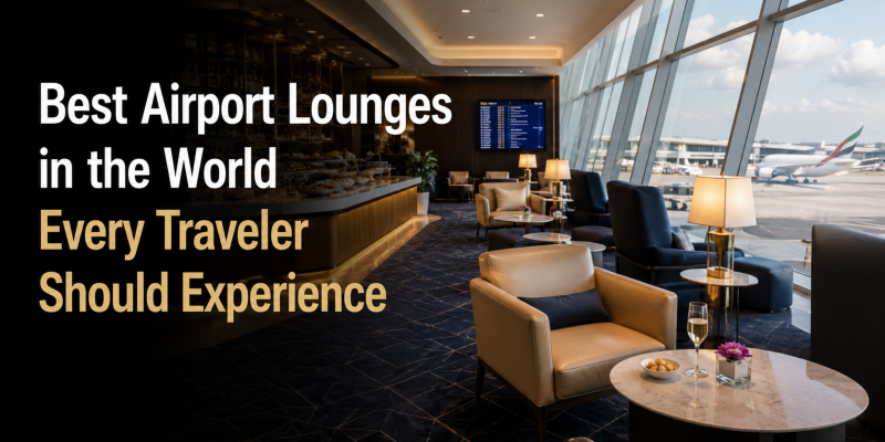 A clean, high-resolution 16:9 photograph of an elegant airport lounge featuring minimalist wooden architecture, soft ambient lighting, and panoramic runway views through floor-to-ceiling windows. No people, no infographics.