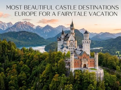 A stunning panoramic landscape shot of an ornate, multi-towered white stone castle with blue-slate roofs, nestled on a jagged green mountain peak surrounded by dense forests.