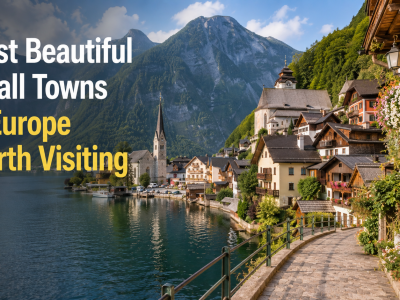 A clean, natural, high-resolution 16:9 photograph of a winding cobblestone street in a medieval European town, with timber-framed houses and distant stone towers under a soft, overcast sky. Completely free of text overlays, infographics, and people.