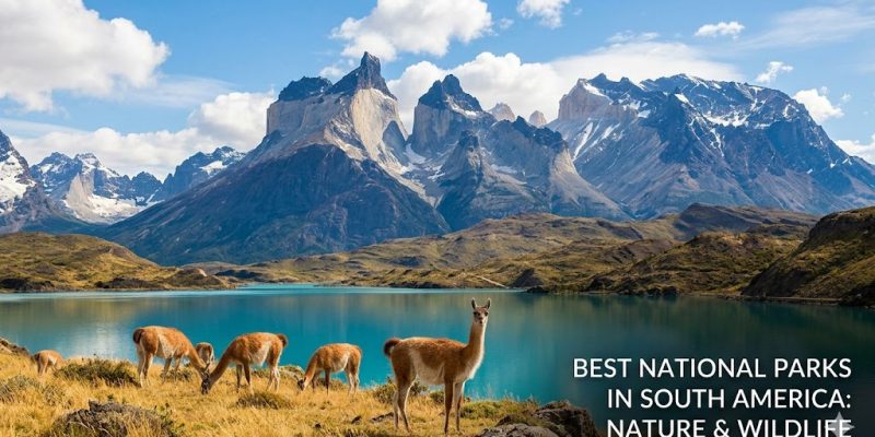 A panoramic view of a pristine South American national park featuring sharp mountain peaks reflecting in a crystal-clear turquoise alpine lake.