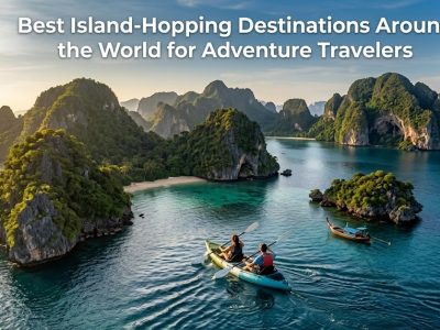 A panoramic high-angle shot of an emerald green tropical island cluster surrounded by clear turquoise waters, with a wooden boat cruising gently.