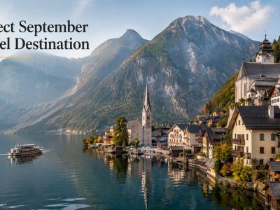 A split-screen graphic showing diverse travel landscapes: rolling Tuscan vineyards under a golden sun, a snow-capped Swiss alpine peak, and a historic Japanese temple framed by early autumn maples.