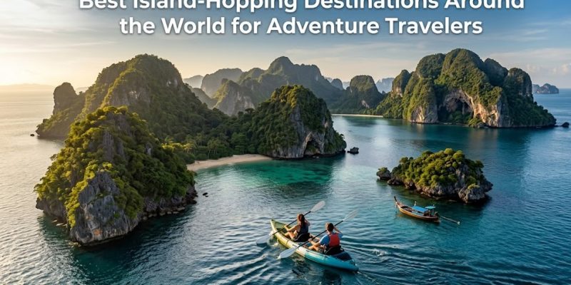 A panoramic high-angle shot of an emerald green tropical island cluster surrounded by clear turquoise waters, with a wooden boat cruising gently.