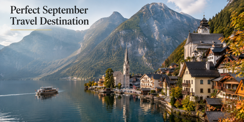 A split-screen graphic showing diverse travel landscapes: rolling Tuscan vineyards under a golden sun, a snow-capped Swiss alpine peak, and a historic Japanese temple framed by early autumn maples.