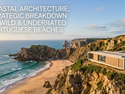 A rugged, dramatic beach on the Portuguese Atlantic coast, characterized by dark cliffs and empty golden sands.