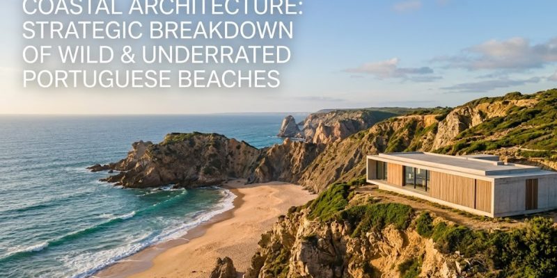 A rugged, dramatic beach on the Portuguese Atlantic coast, characterized by dark cliffs and empty golden sands.