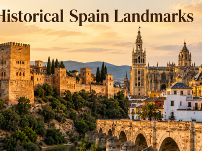 A panoramic sunset shot of a historic Spanish fortress-palace nestled on a rocky hill with elegant reflecting pools and intricate geometric archways.