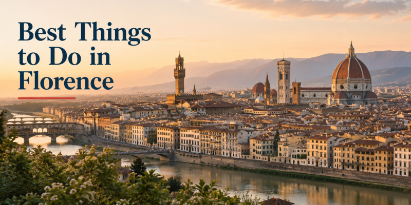 A panoramic sunset view of the Florence skyline showcasing the massive red-brick dome of the Duomo rising above historic stone buildings by the Arno River.